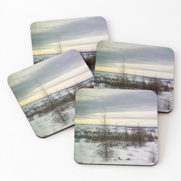 Item preview, City of Kuujjuaq in winter at dusk with a cloudy sky designed and sold by celinebisson.