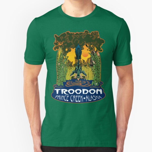 Retro Troodon in the Rushes (dark-colored shirt) Slim Fit T-Shirt