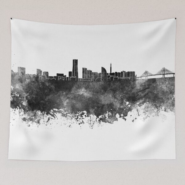 Item preview, Yokohama skyline in black watercolor on white background designed and sold by paulrommer.