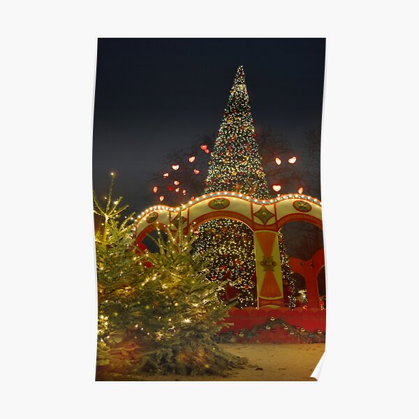 Shiny Christmas trees with lights and carousel Poster