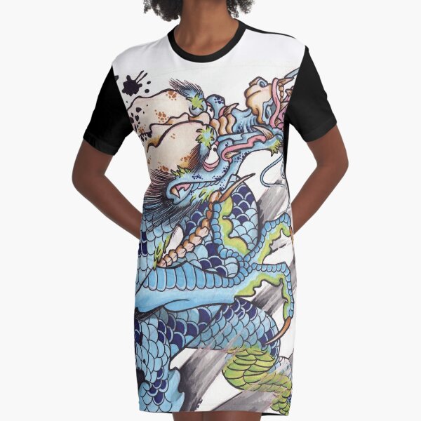 Samurai And Dragon Fitting Midi Dress Long Sleeve Cotton Dress Japanese Dragon Tattoo Sleeve Dress Graphic Dress Gift For Her Gift Idea Clothing Dresses