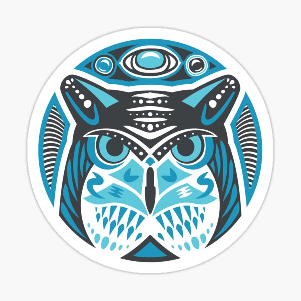 Owl Shamanic Animal Emblem - Grey Blue Sticker