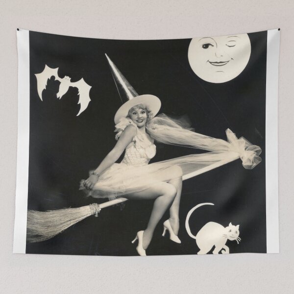 Item preview, Witch on Broomstick with Cat Vintage Halloween Photograph  designed and sold by Bellathewilde.