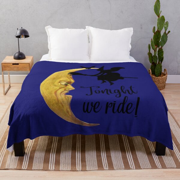 Item preview, Halloween Witch on Broomstick with Bat Flying over the Crescent Moon "Tonight we ride" designed and sold by RedThorThreads.