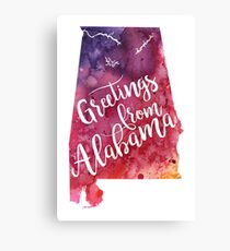 Alabama Watercolor Map - Greetings from Alabama Hand Lettering Canvas Print