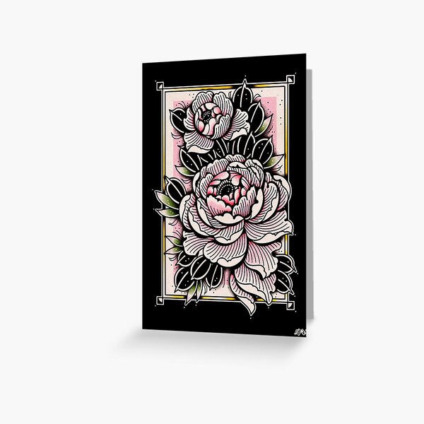 Artikel-Vorschau von Pfingstrose Flower Classic Cute Traditional Tattoo Flash Style Print von Ella Mobbs Creep Heart, designt und verkauft von Ella Mobbs.
