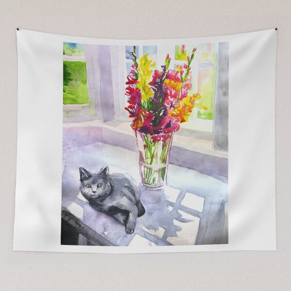 Item preview, Watercolor painting by Laura Rispoli Cat and Gladiolus by the Sunny Window designed and sold by Laura-Rispoli.