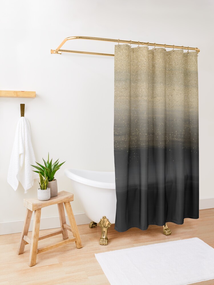 Modern Gold Black Brush Strokes Painting Shower Curtain