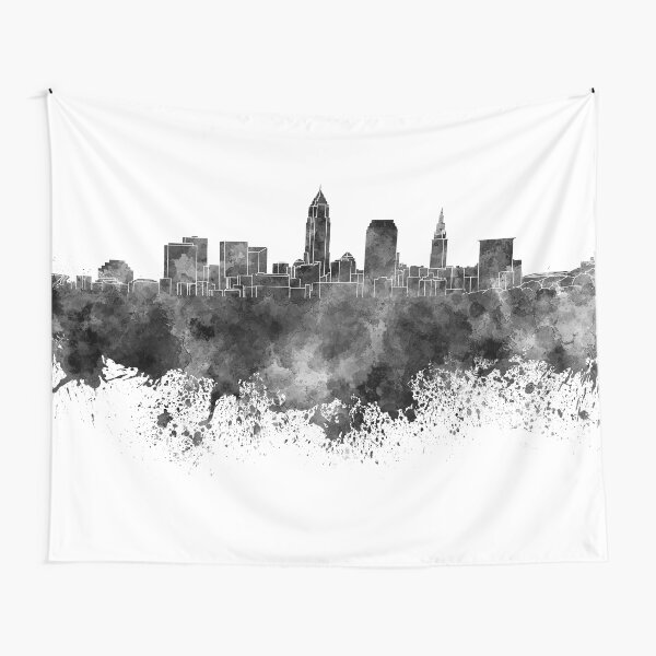 Aperçu de l'œuvre Skyline de Cleveland en aquarelle noire sur fond blanc créée et vendue par paulrommer.