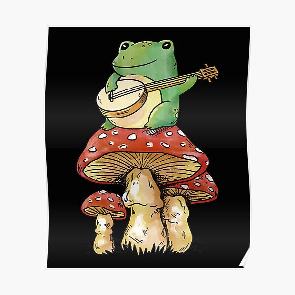 Cottagecore Aesthetic Frog Playing Banjo on Mushroom Cute Poster