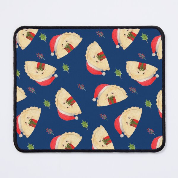 Item preview, Adorable cute Christmas pierogi dumplings in Santa hat holding a present on navy background designed and sold by littlebluefawn.