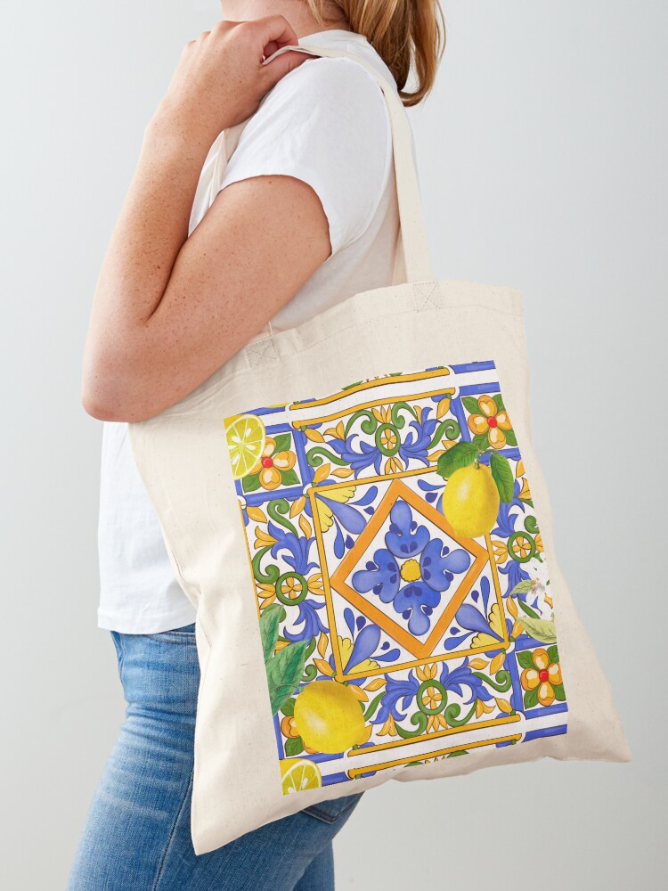 Blue Sicilian majolica print cotton bag