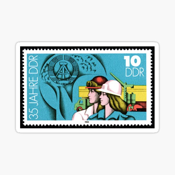 Female workers stamp - 4 October 1984: stamps issued in East Germany to mark 35 years of the GDR Sticker