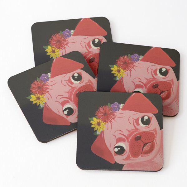 Item preview, Peeking Pink Pug Black Background Flowers designed and sold by BronwynAnne.