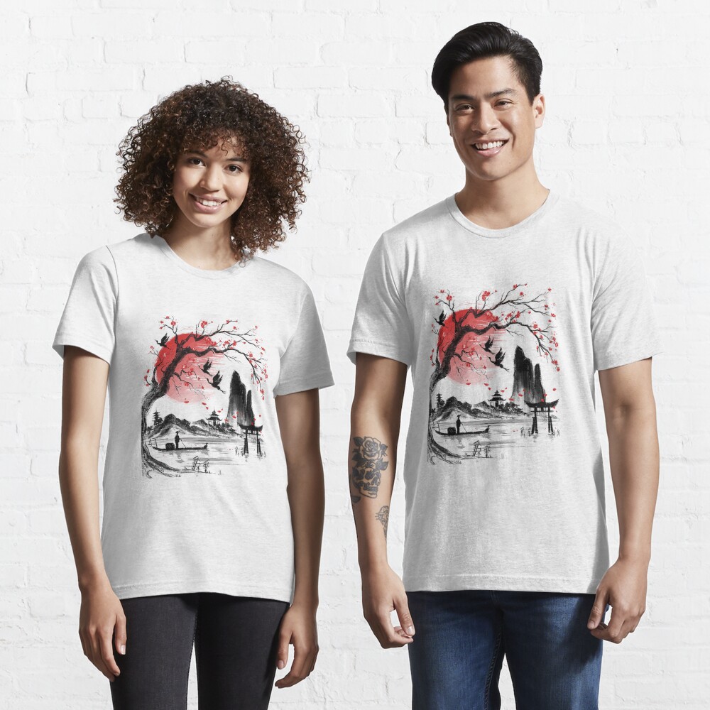  Japanese Tree Red Moon With Birds Flying in background T-Shirt  : Clothing, Shoes & Jewelry