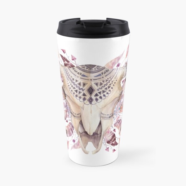 Cow skull with feathers Taza de viaje