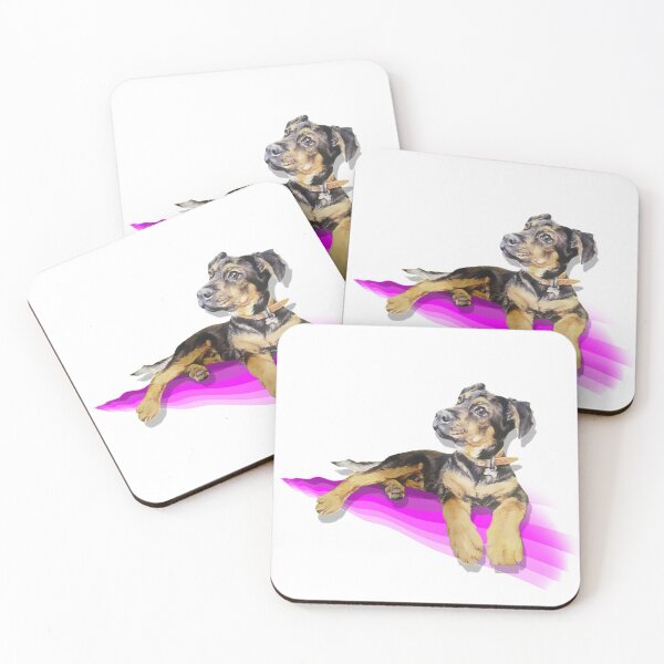 Item preview, Rottweiler puppy painting on a digital pink rainbow wave designed and sold by Studio Fluffle.