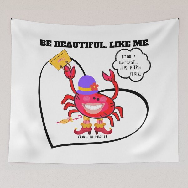 Item preview,  CUTE FUNNY CARTOON FUCHSIA  RED PINK CRAB WITH UMBRELLA TEXT #4 (I’M NOT A NARCISSIST/ WHITE HEART)  designed and sold by EllieMonroe.