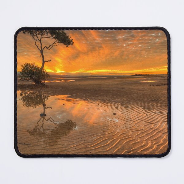 Item preview, Sunset at Wellington Point, Brisbane, Australia, sand, beach, one tree, reflection, evening sky designed and sold by Ransyn Art.
