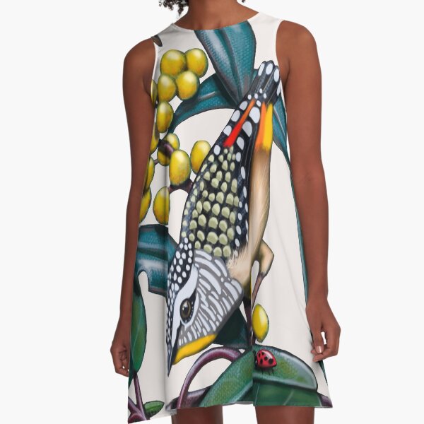 Happy Wandering Pardalote by Australian artist Laural Retz A-Line Dress