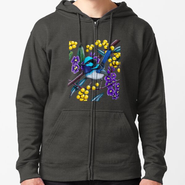 Happy Wandering Blue Wren by Australian artist Laural Retz Zipped Hoodie
