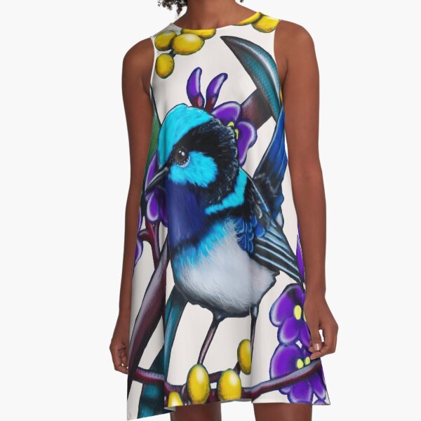 Happy Wandering Blue Wren by Australian artist Laural Retz A-Line Dress