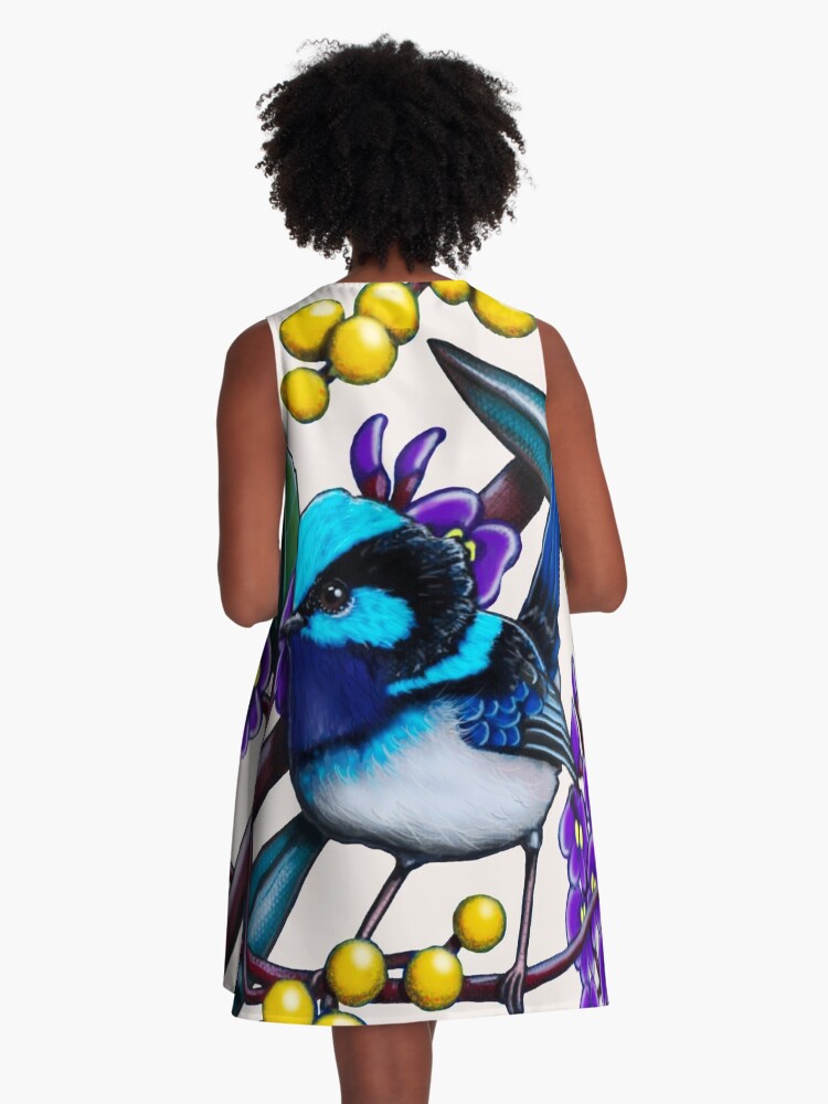 Thumbnail 3 of 4, A-Line Dress, Happy Wandering Blue Wren by Australian artist Laural Retz designed and sold by lauralretz.