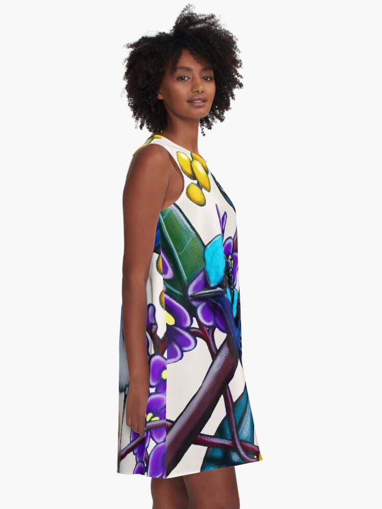 Thumbnail 2 of 4, A-Line Dress, Happy Wandering Blue Wren by Australian artist Laural Retz designed and sold by lauralretz.