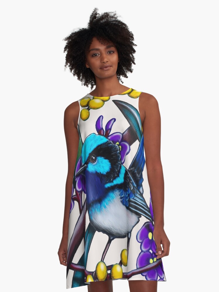 Thumbnail 1 of 4, A-Line Dress, Happy Wandering Blue Wren by Australian artist Laural Retz designed and sold by lauralretz.