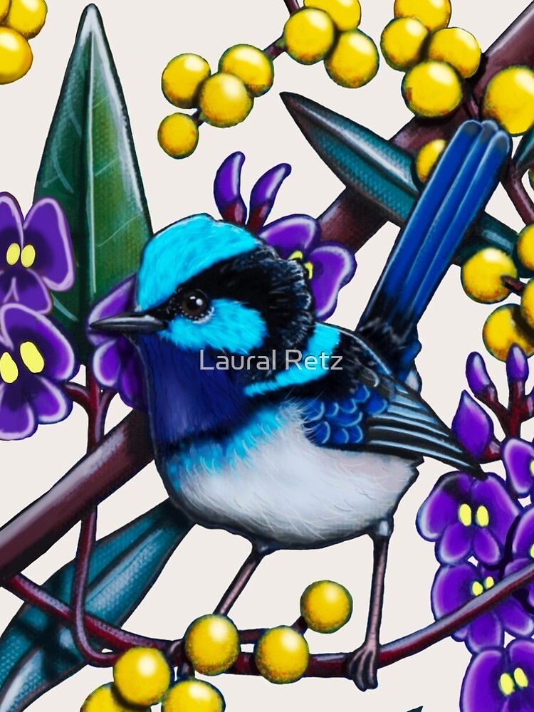 Thumbnail 4 of 4, A-Line Dress, Happy Wandering Blue Wren by Australian artist Laural Retz designed and sold by lauralretz.