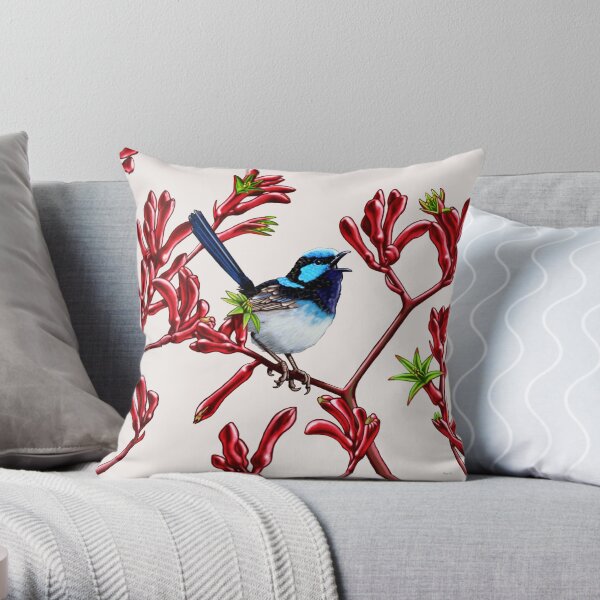 Blue Wren in Kangaroo Paws #1 by Australian artist Laural Retz Throw Pillow