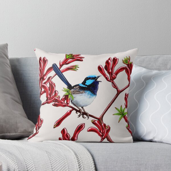 Blue Wren in Kangaroo Paws #1 by Australian artist Laural Retz Throw Pillow