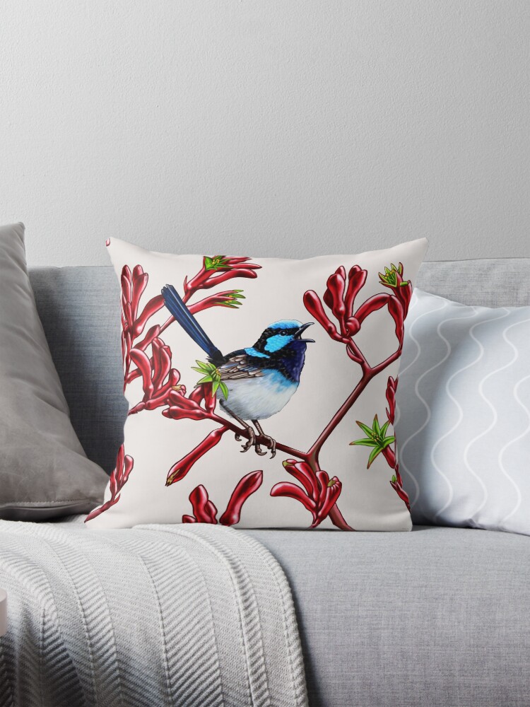 Thumbnail 1 of 4, Pillow, Blue Wren in Kangaroo Paws #1 by Australian artist Laural Retz designed and sold by lauralretz.