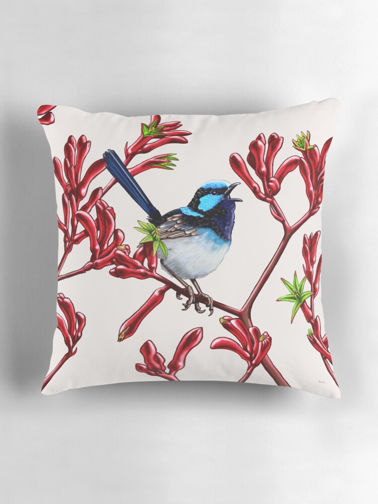 Thumbnail 3 of 4, Pillow, Blue Wren in Kangaroo Paws #1 by Australian artist Laural Retz designed and sold by lauralretz.