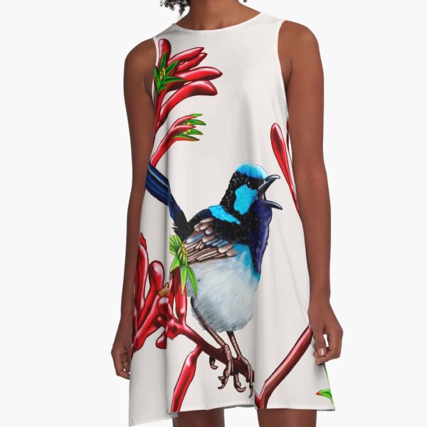 Blue Wren in Kangaroo Paws #1 by Australian artist Laural Retz A-Line Dress