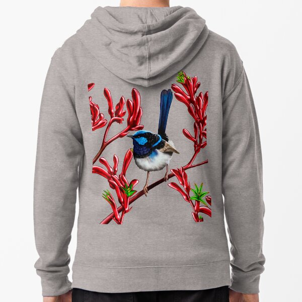Blue Wren in Kangaroo Paw Flowers #2 by Australian artist Laural Retz Zipped Hoodie