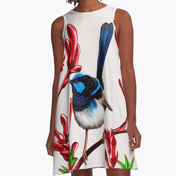 Blue Wren in Kangaroo Paw Flowers #2 by Australian artist Laural Retz A-Line Dress