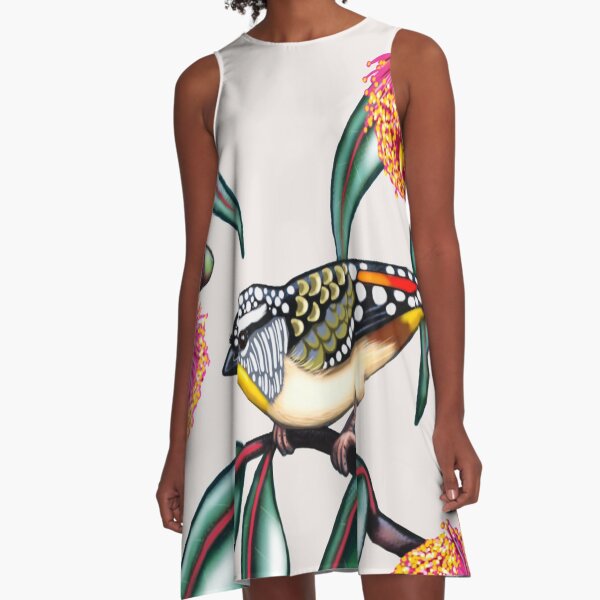 Pardalote in Gum Flowers #2 by Australian artist Laural Retz A-Line Dress