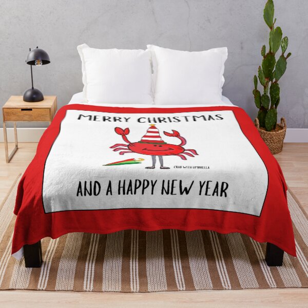 Item preview, CUTE FUNNY CARTOON RED PINK CRAB WITH UMBRELLA “MERRY CHRISTMAS/HAPPY NEW YEAR” designed and sold by EllieMonroe.