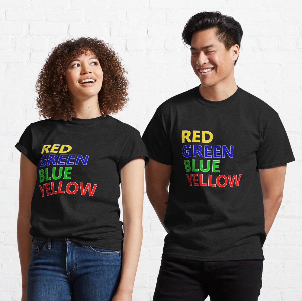 red green blue and yellow shirt