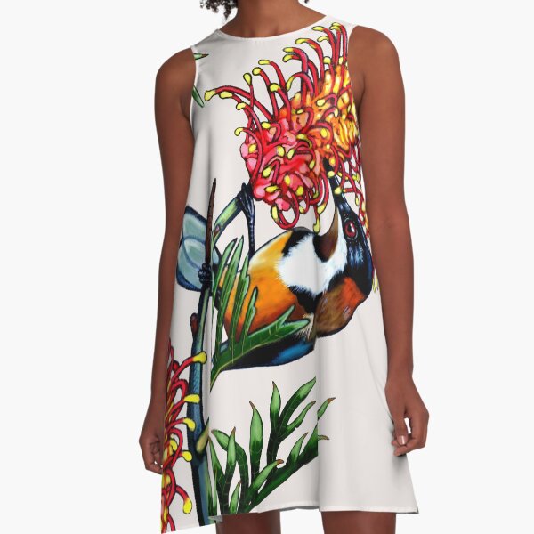 Eastern Spinebill in Grevillea #1 by Australian artist Laural Retz A-Line Dress