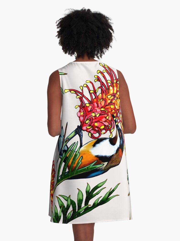 Thumbnail 3 of 4, A-Line Dress, Eastern Spinebill in Grevillea #1 by Australian artist Laural Retz designed and sold by lauralretz.