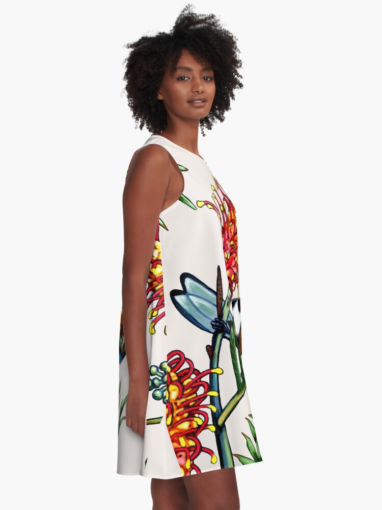Thumbnail 2 of 4, A-Line Dress, Eastern Spinebill in Grevillea #1 by Australian artist Laural Retz designed and sold by lauralretz.