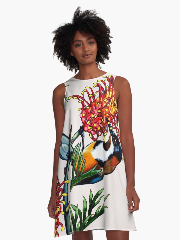 Thumbnail 1 of 4, A-Line Dress, Eastern Spinebill in Grevillea #1 by Australian artist Laural Retz designed and sold by lauralretz.