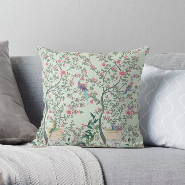 Chinoiserie Mint Green Pastel Fresco Floral Garden Birds Oriental Botanical Throw Pillow
