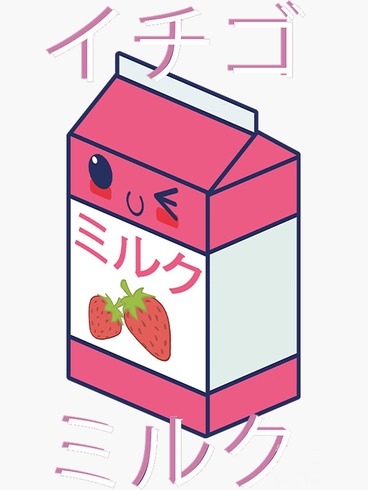 "Cute Pink Strawberry Milk Japanese Kawaii Retro 90s Anime" Sticker for
