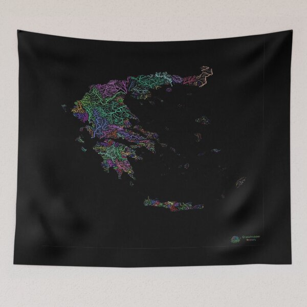Item preview, Greece River Basin Map in Rainbow Colours with Black Background designed and sold by GrasshopperGeo.