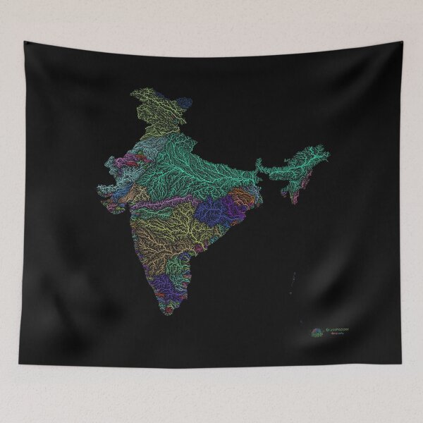 Item preview, India River Basin Map in Rainbow Colours with Black Background designed and sold by GrasshopperGeo.