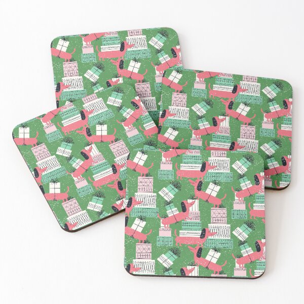 Item preview, Gift Giving Dachshunds ~ on medium green designed and sold by RetroRudolphs.