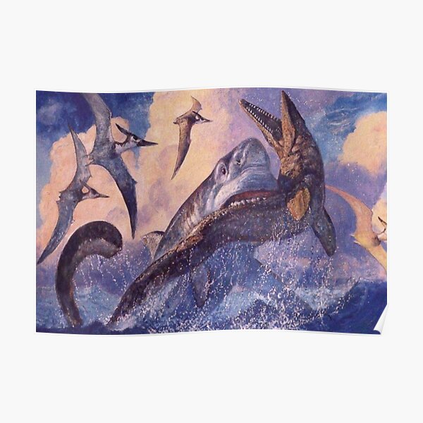 MEGALODON AND MOSASAURUS / KRONOSAURUS DINOSAURS RETRO VINTAGE Poster